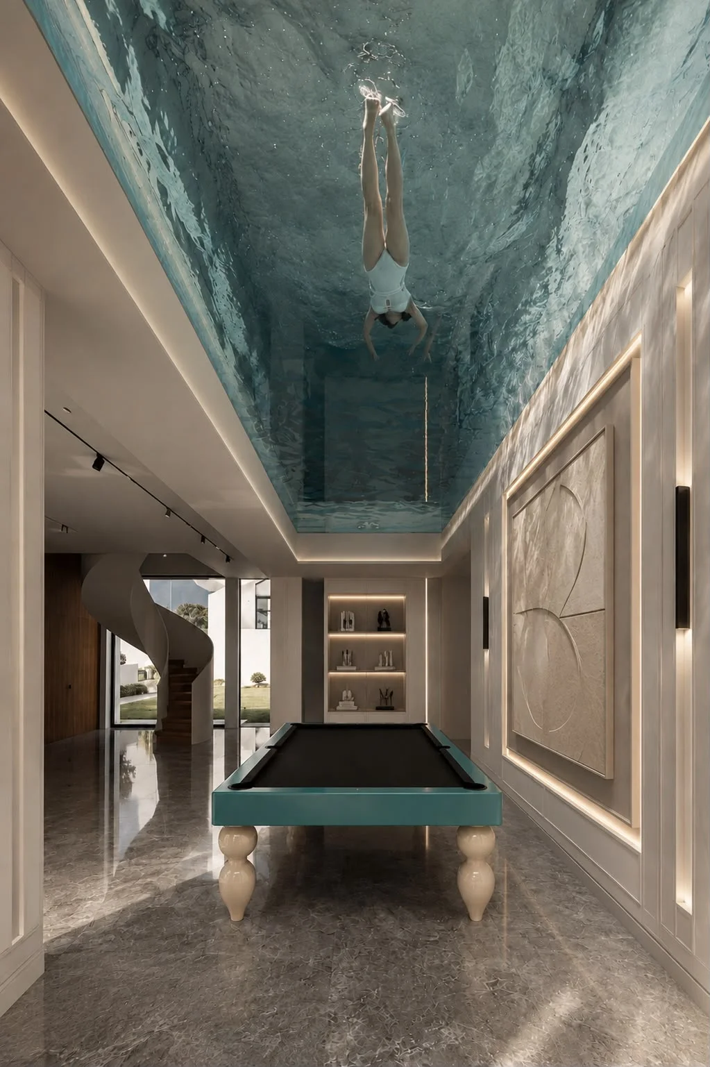 How is a billiard table used as an interior design element?